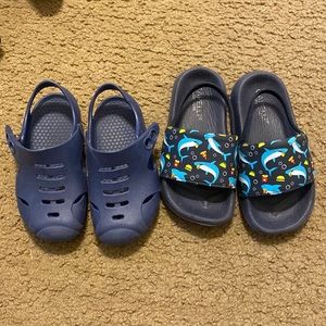 Toddler boys size 8 sandals. Blue close toed shoes and blue sandals with straps.